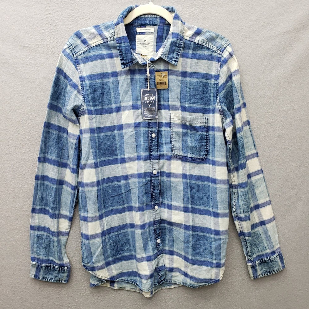American Eagle Women's Boyfriend Fit Plaid Shirt Blue Indigo Dye Fall Grunge NWT